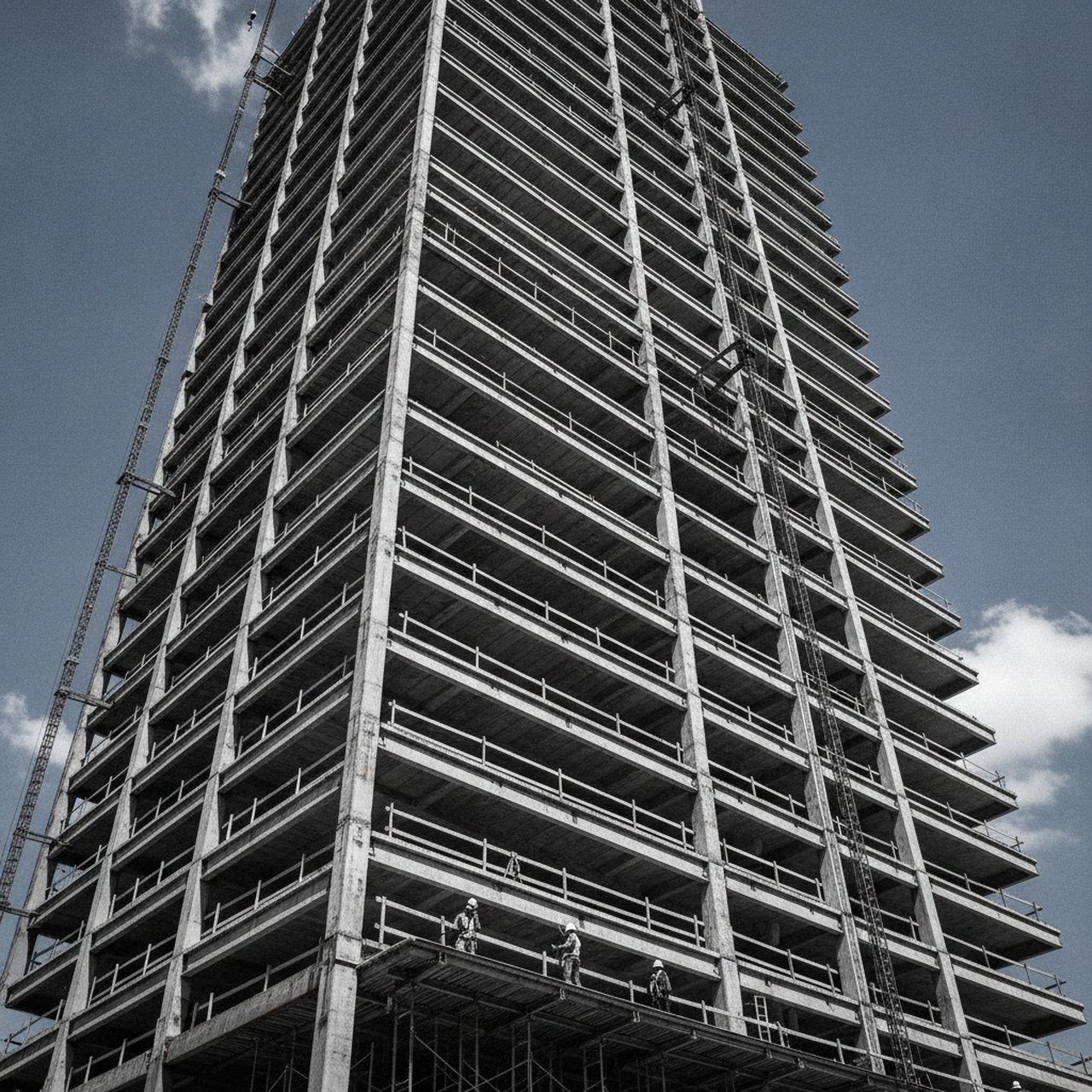 Structural steel high-rise under construction with spray-applied fireproofing